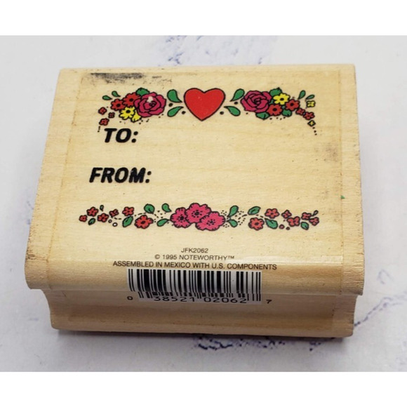 Gift Tag To From With Hearts & Flowers Noteworthy Wood Mounted Rubber Stamp - Picture 1 of 7
